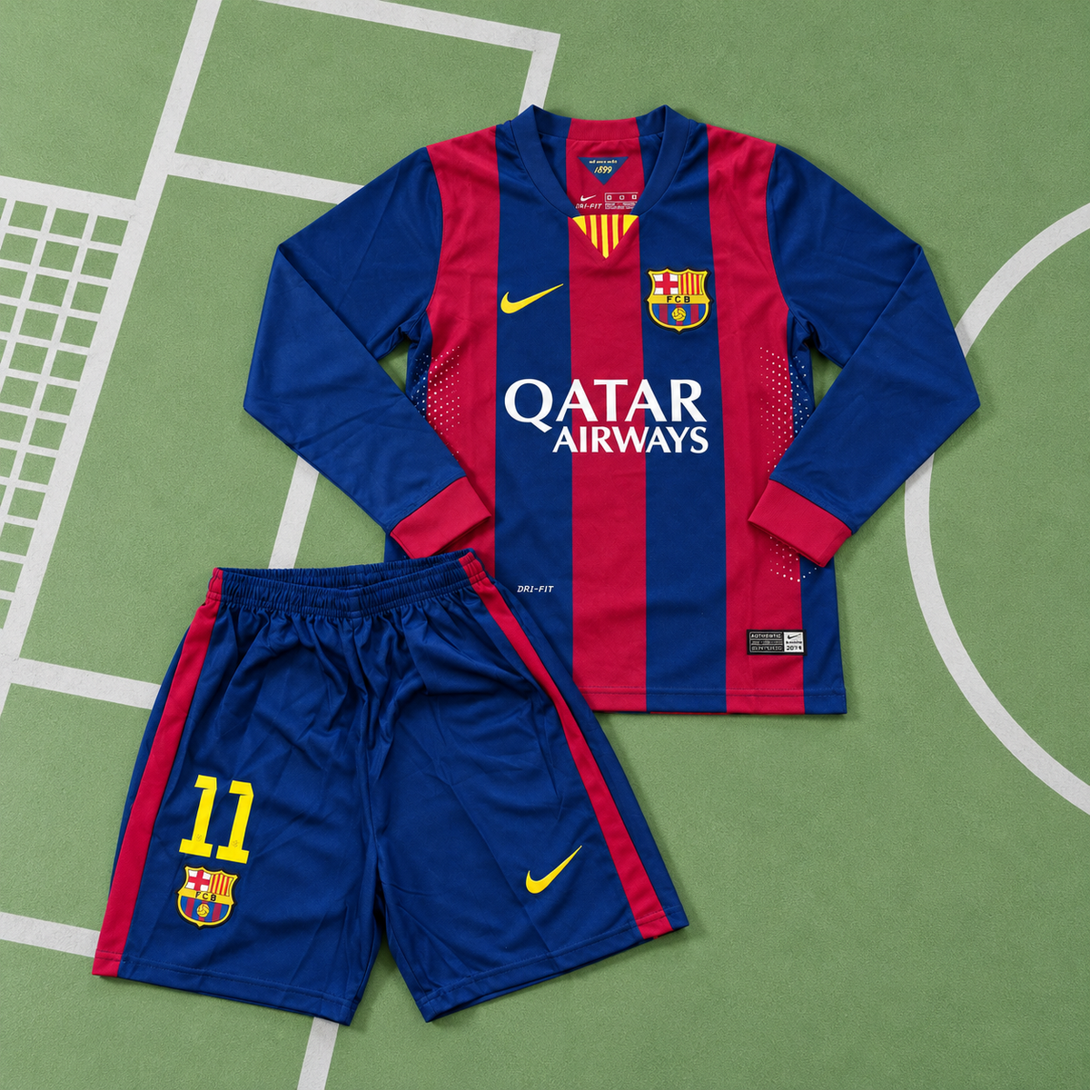 Echipament FC Barcelona 14/15 acasă pentru copii, cu mânecă lungă, Messi 10 și Neymar 11