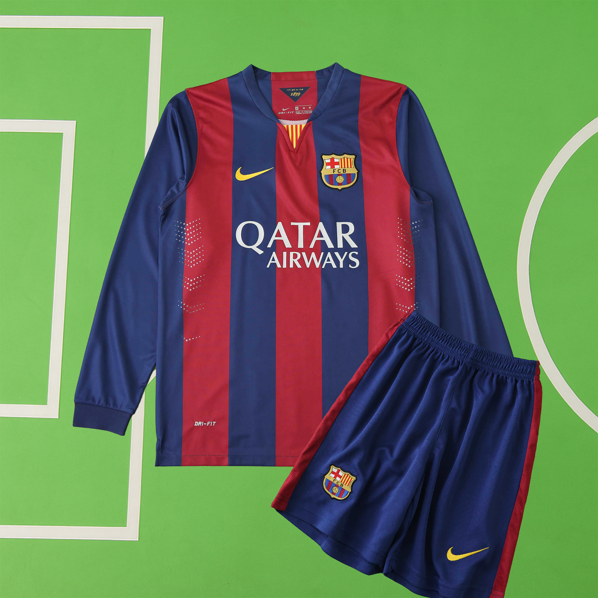 Echipament FC Barcelona 14/15 acasă pentru copii, cu mânecă lungă, Messi 10 și Neymar 11